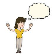 cartoon woman throwing hands in air with thought bubble N8