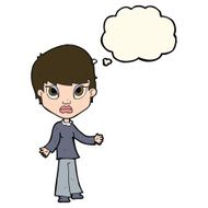 cartoon woman shrugging shoulders with thought bubble N307