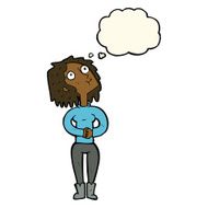 cartoon woman looking upwards with thought bubble N7