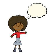 cartoon happy girl giving thumbs up symbol with thought bubble N7