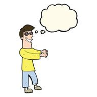 cartoon grinning man wearing glasses with thought bubble N8