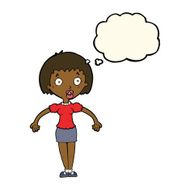 cartoon confused woman shrugging shoulders with thought bubble N6