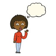 cartoon woman waving with thought bubble N212