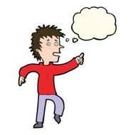 cartoon happy man pointing with thought bubble N37