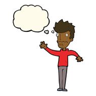 cartoon worried man reaching out with thought bubble N14