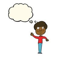cartoon happy man waving with thought bubble N22