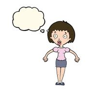 cartoon confused woman shrugging shoulders with thought bubble N7