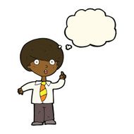 cartoon school boy answering question with thought bubble N31