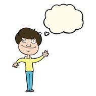 cartoon happy man waving with thought bubble N23