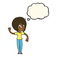 cartoon woman waving with thought bubble N217
