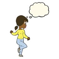 cartoon woman waving with thought bubble N218