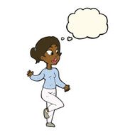 cartoon friendly woman waving with thought bubble N32