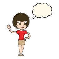 cartoon woman waving with thought bubble N220