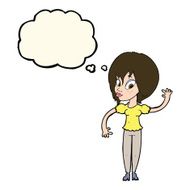 cartoon woman waving with thought bubble N221