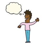 cartoon happy man waving with thought bubble N24