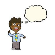 cartoon school boy raising hand with thought bubble N7