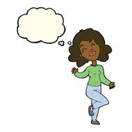 cartoon happy woman dancing with thought bubble N7