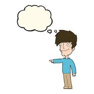 cartoon happy man pointing with thought bubble N41