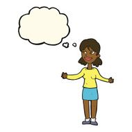 cartoon happy woman shrugging shoulders with thought bubble N13