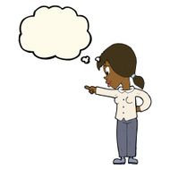 cartoon enthusiastic woman pointing with thought bubble N7