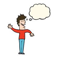 cartoon happy man waving with thought bubble N25