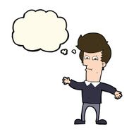 cartoon waving man with thought bubble N25