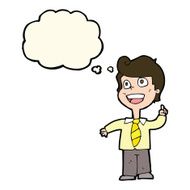 cartoon school boy raising hand with thought bubble N8