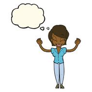 cartoon pretty woman with hands in air thought bubble N7