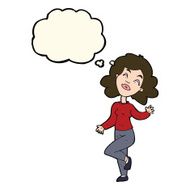 cartoon happy woman dancing with thought bubble N8