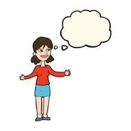 cartoon happy woman shrugging shoulders with thought bubble N14