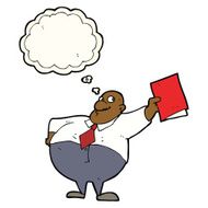 cartoon happy boss with file thought bubble N7
