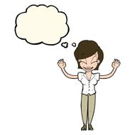cartoon pretty woman with hands in air thought bubble N8