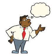 cartoon businessman asking question with thought bubble N7