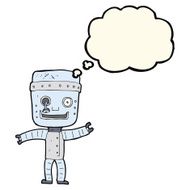 cartoon funny old robot with thought bubble N8