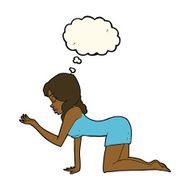 cartoon woman on all fours with thought bubble N13