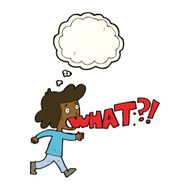 cartoon woman shouting what with thought bubble N4