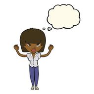 cartoon woman with raised hands thought bubble N7