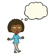 cartoon woman shrugging shoulders with thought bubble N311