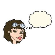 cartoon happy woman wearing aviator goggles with thought bubble N8
