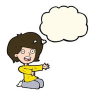 cartoon shocked woman on knees with thought bubble N7