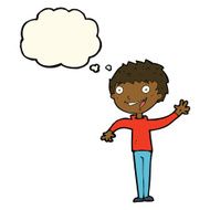 cartoon happy boy waving with thought bubble N13