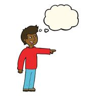 cartoon happy man pointing and laughing with thought bubble N7