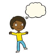 cartoon excited boy with thought bubble N95