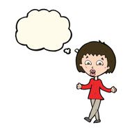 cartoon woman shrugging shoulders with thought bubble N312