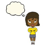cartoon woman gesturing at self with thought bubble N18