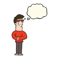 cartoon grinning man wearing sunglasses with thought bubble N6