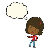 cartoon happy woman pointing with thought bubble N42