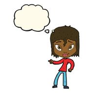 cartoon relaxed woman pointing with thought bubble N7
