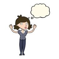 cartoon woman surrendering with thought bubble N8