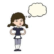 cartoon happy waitress woman with thought bubble N8